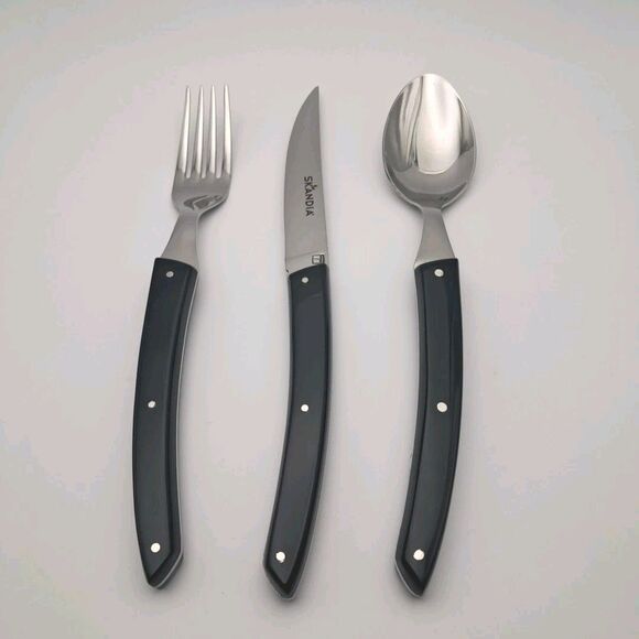 Skandia Vivid Black Handle 3 Piece Set Spoon Fork Steak Knife Flatware New Rare - Picture 1 of 2